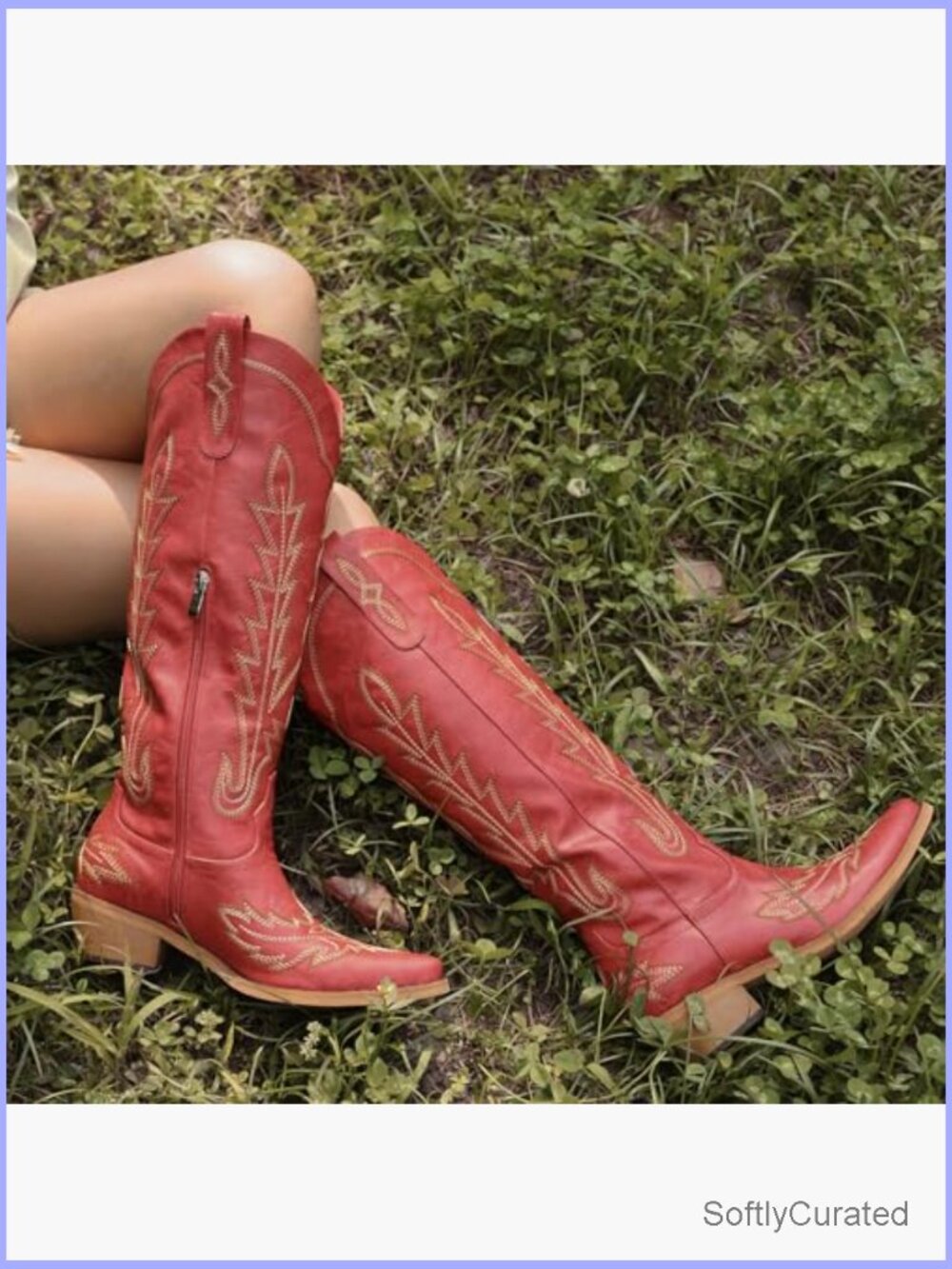 Vintage Knee High Cowgirl Boots with Chunky Heel, Pointed Toe, Side Zipper - Picture 4 of 7